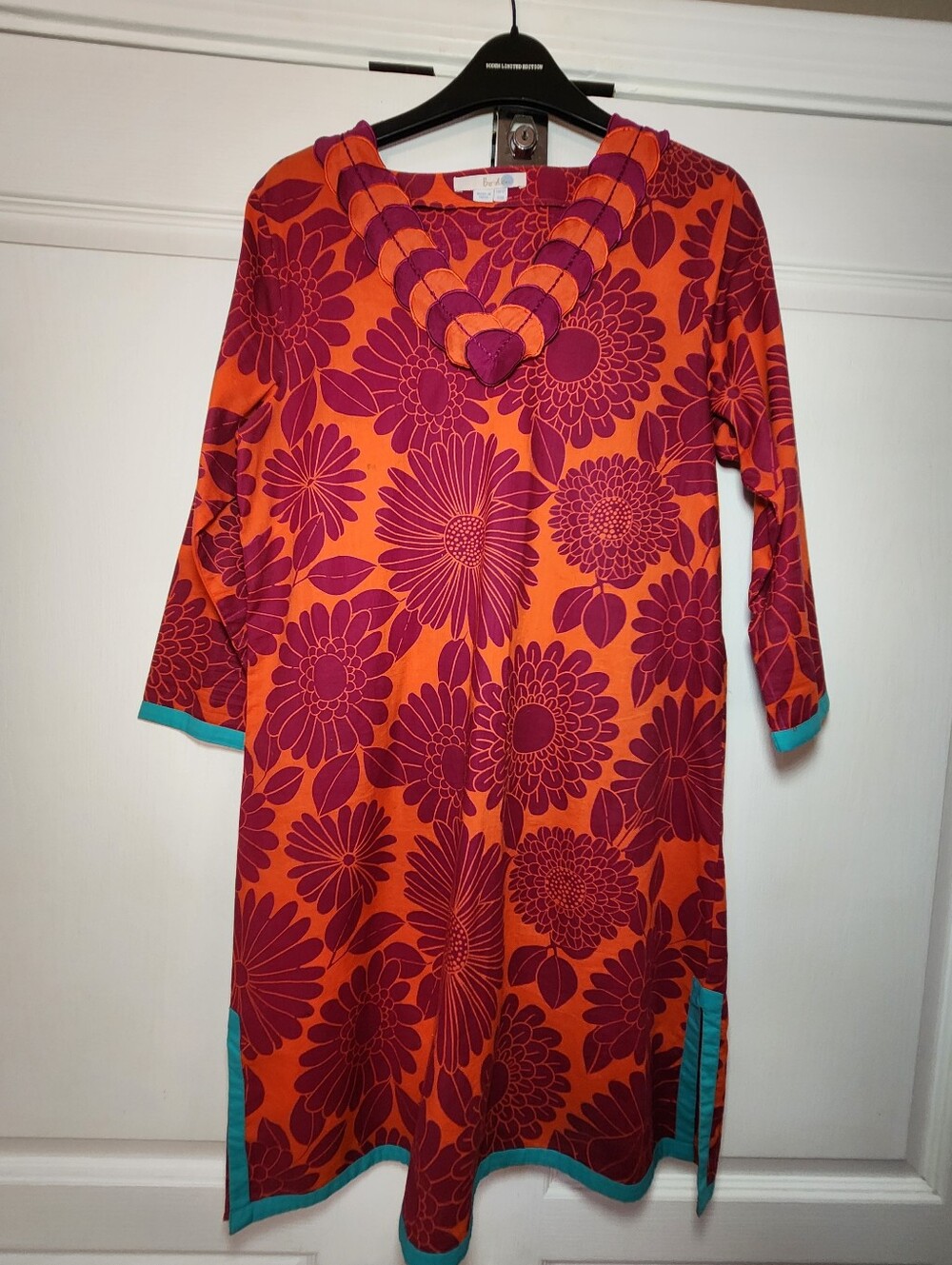 Boden Limited Edition Vibrant Orange & Magenta Floral Shift Dress with Teal Trim